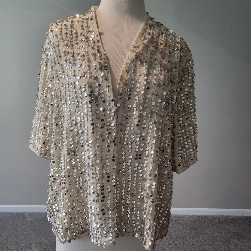 Coldwater Creek “All that Glitters” Ivory Silver Disks Evening Jacket (Size 18)